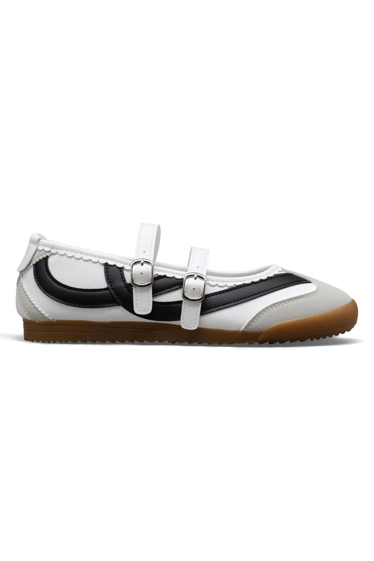 Comfortabele Mary Jane Eclipse Strap Trainers in wit met criss-cross banden en metalen gespen. 4