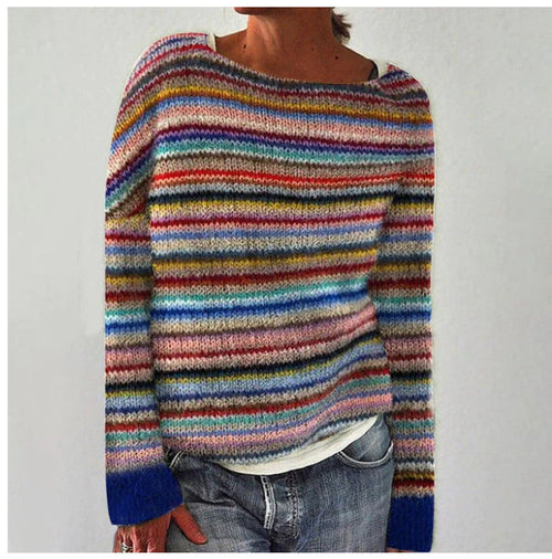 Damen Strickpullover met ronde hals in blauw en wit