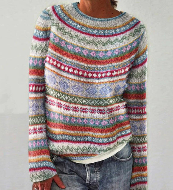 Damen Strickpullover met ronde hals in blauw en wit 2