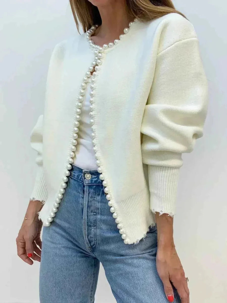 Dames cardigan met open voorkant en parelversiering, elegant en comfortabel.