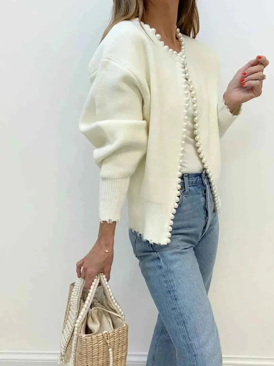 Dames cardigan met open voorkant en parelversiering, elegant en comfortabel. 2