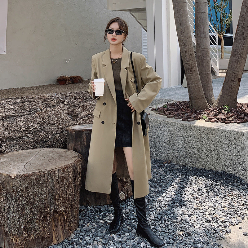 Stijlvolle dames oversized trenchcoat met revers en verlengd ontwerp
