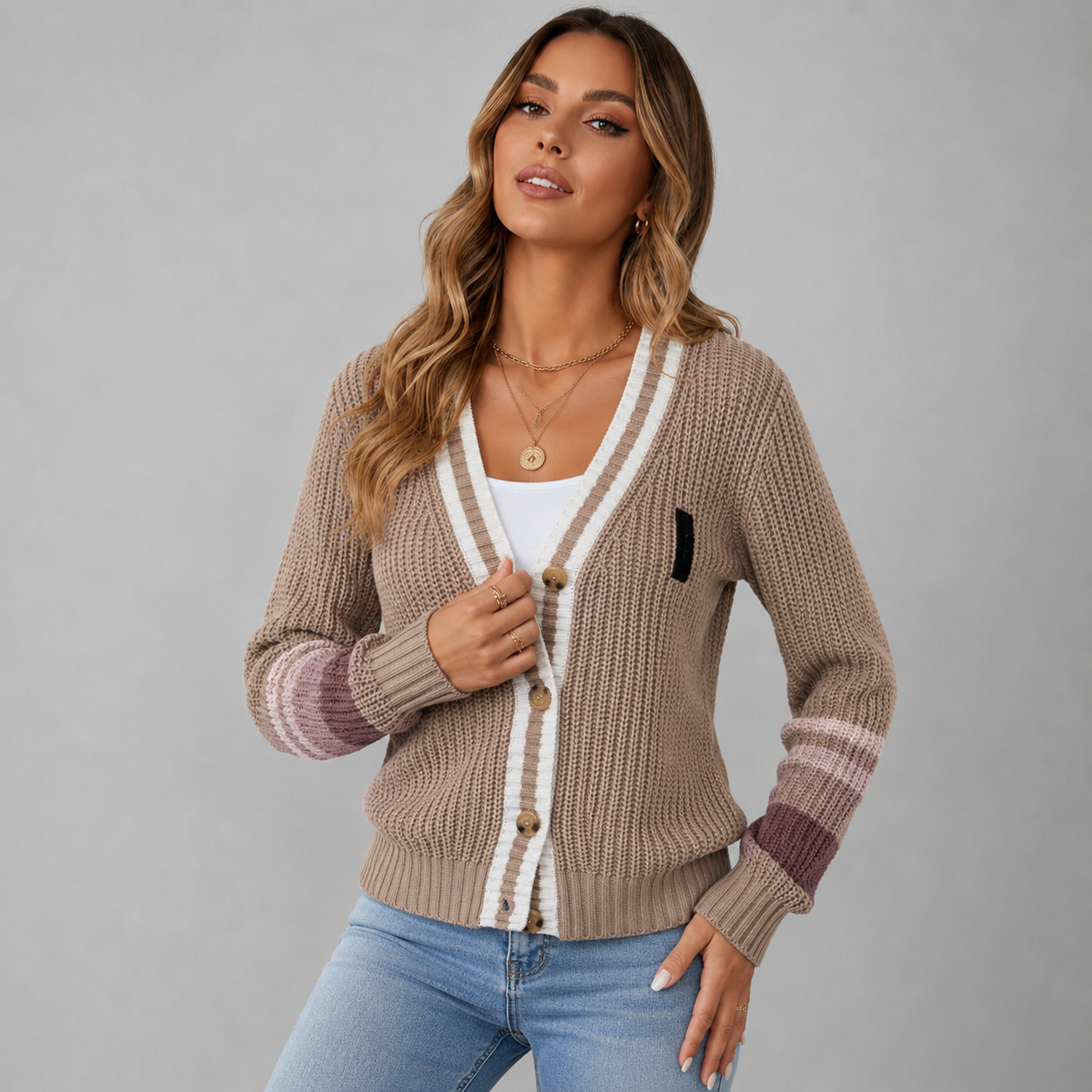 Dames Grobstrick-Cardigan met Kontraststreifen Jully Warm afbeelding 3