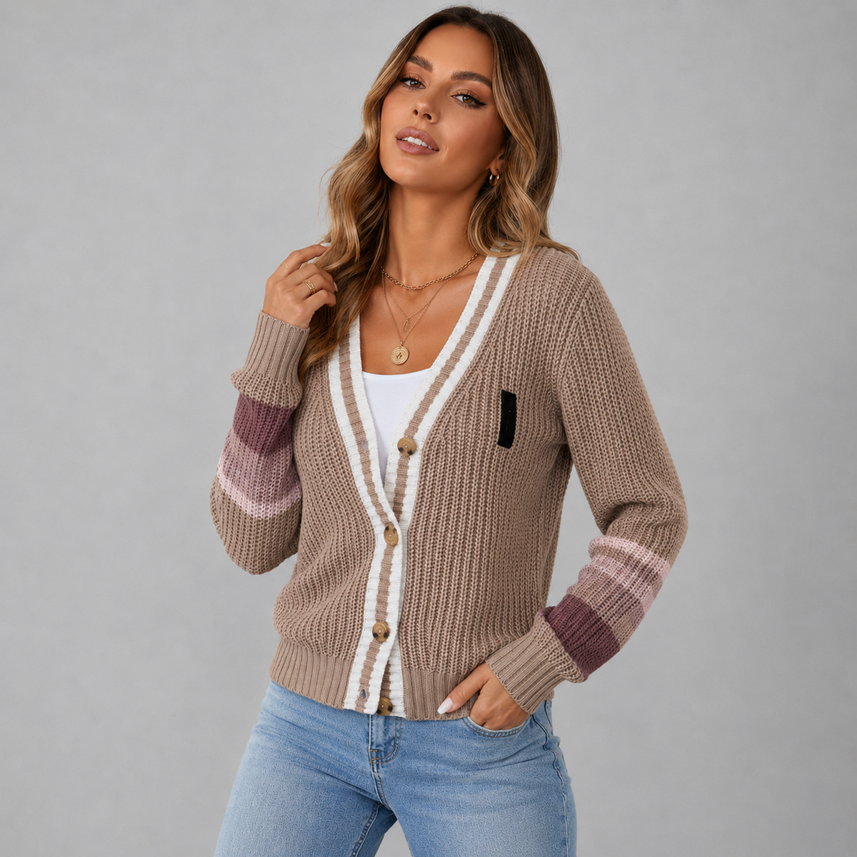 Dames Grobstrick-Cardigan met Kontraststreifen Jully Warm afbeelding 4