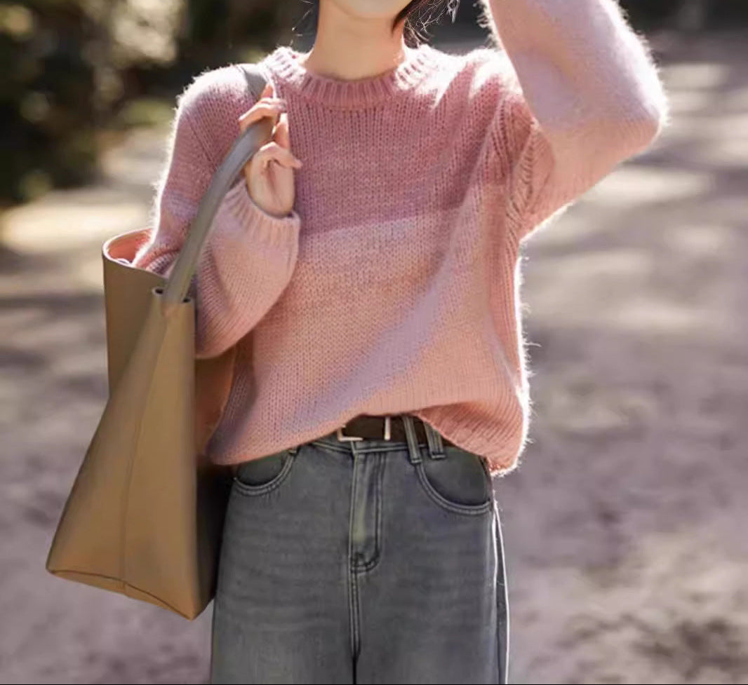 Dames Grobstrickpullover met hoog Kragen in Roze en Bruin