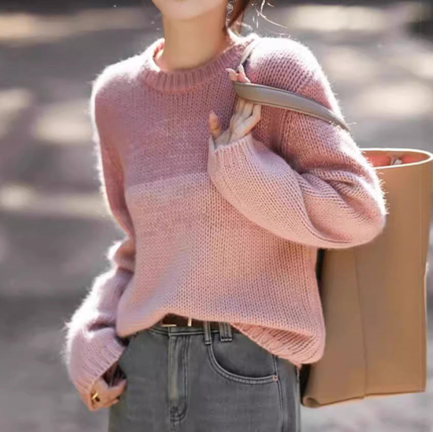Dames Grobstrickpullover met hoog Kragen in Roze en Bruin 2