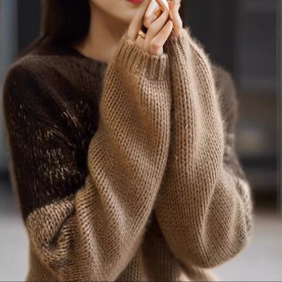 Dames Grobstrickpullover met hoog Kragen in Roze en Bruin 5