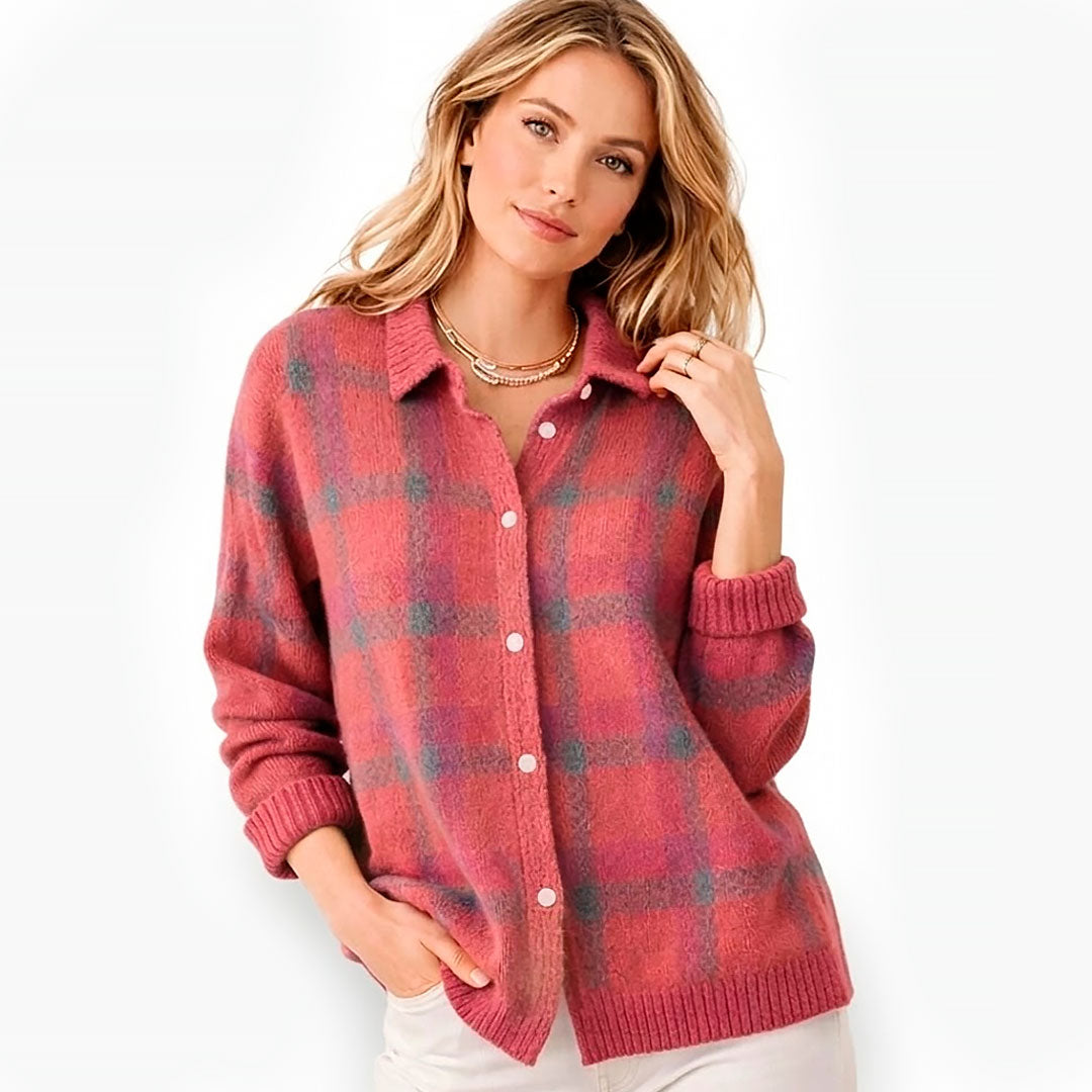 Elegante dames strickjacke met ruitpatroon en reverskragen 3