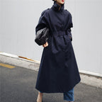 Stijlvolle dames lange trenchcoat met tailleband en hoge kraag 4