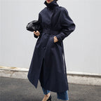 Stijlvolle dames lange trenchcoat met tailleband en hoge kraag 5