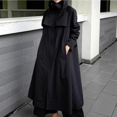 Dames oversized maxi-lengte jas met capuchon en cape yoke 2