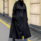 Dames oversized maxi-lengte jas met capuchon en cape yoke 4