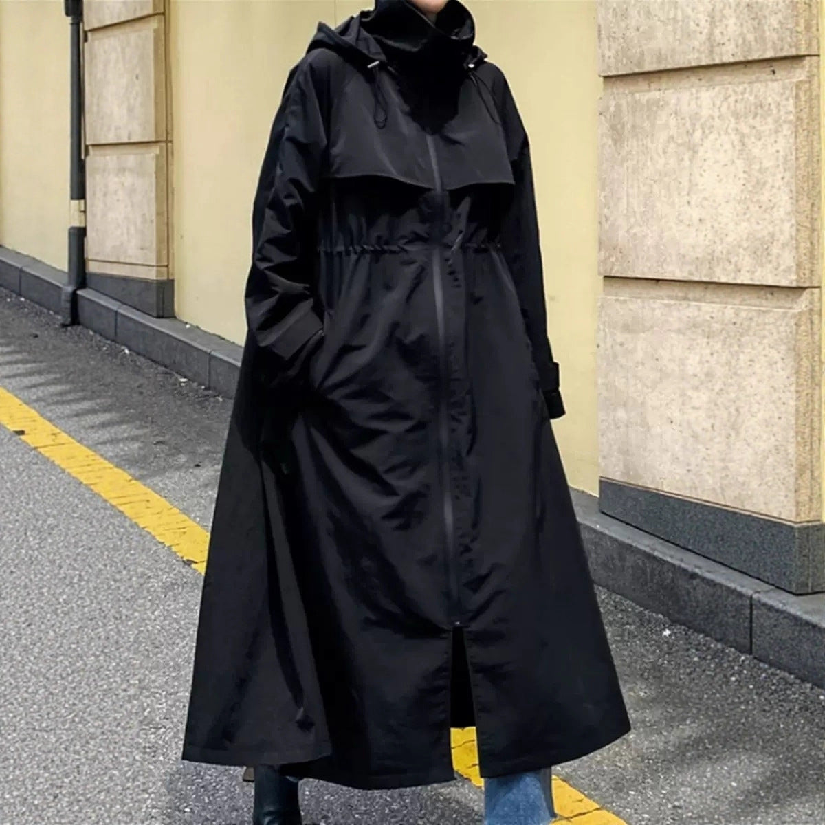 Dames oversized maxi-lengte jas met capuchon en cape yoke 4