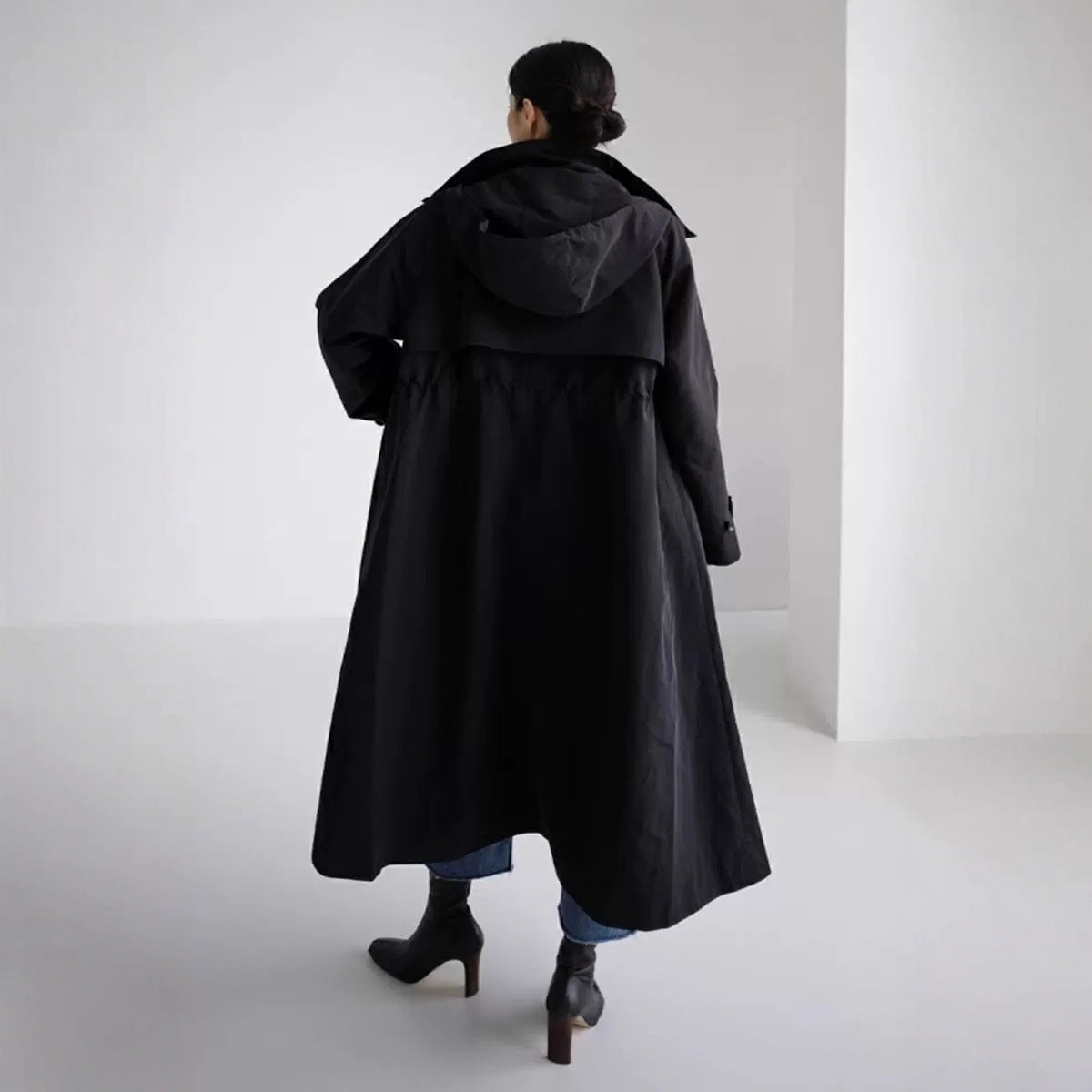 Dames oversized maxi-lengte jas met capuchon en cape yoke 5