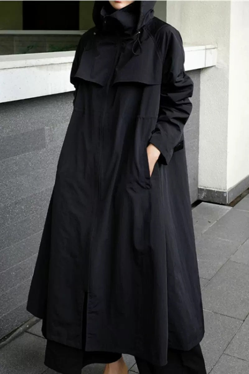 Dames oversized maxi-lengte jas met capuchon en cape yoke 6