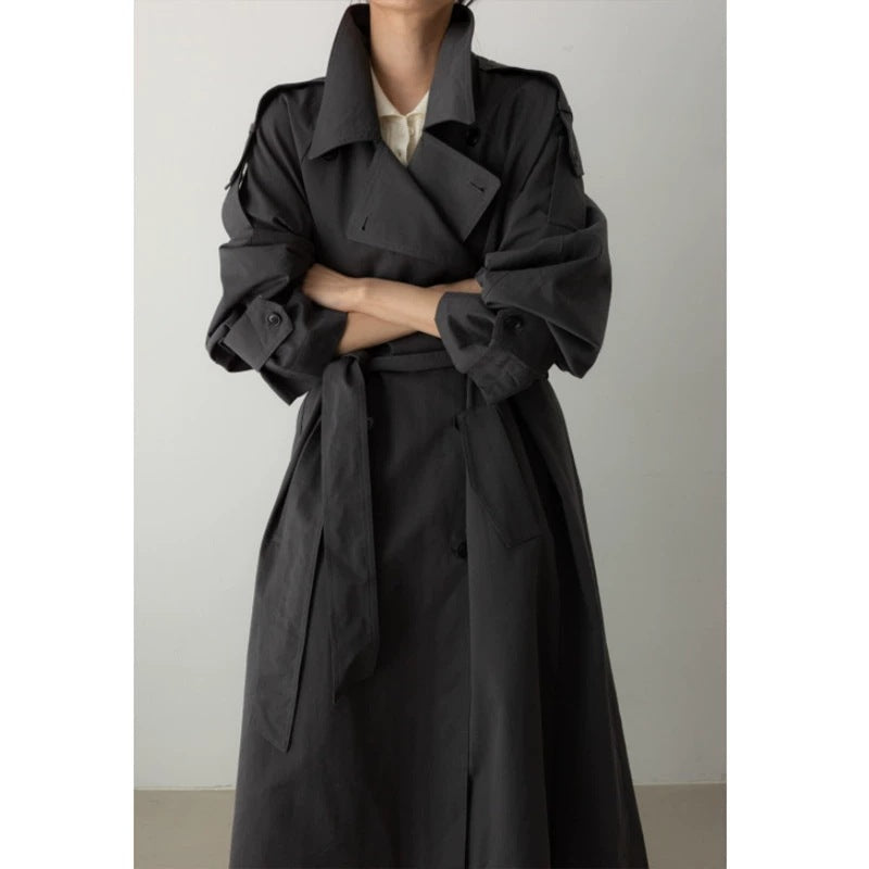 Dames oversized maxi-lengte trenchcoat met tailleband en epauletten in zwart grijs 6