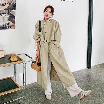 Dames oversized trenchcoat met cape rug en taillekoord in beige-apricot 3