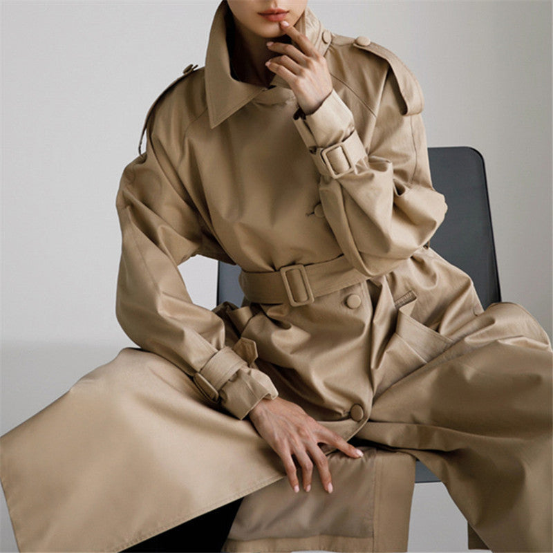 Dames oversized trenchcoat met stormflap en afneembare strikceintuur 3