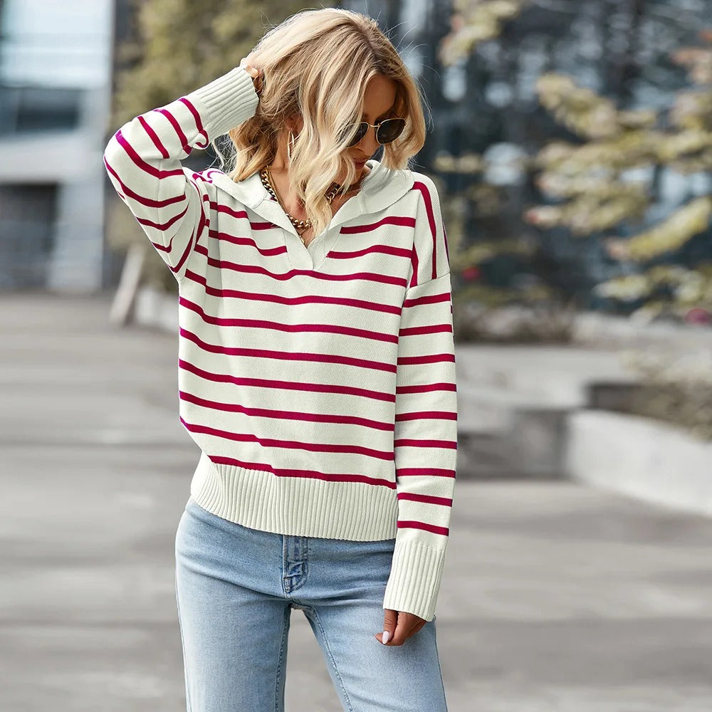 Elegante gestreepte pullover met V-hals voor dames. 2