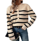Comfortabele gestreepte damespullover met knoopsluiting in crème kleur. 5