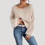 Elegante dames pullover in strepen met U-boot uitsnijding, gemaakt van zacht breiwerk. 2