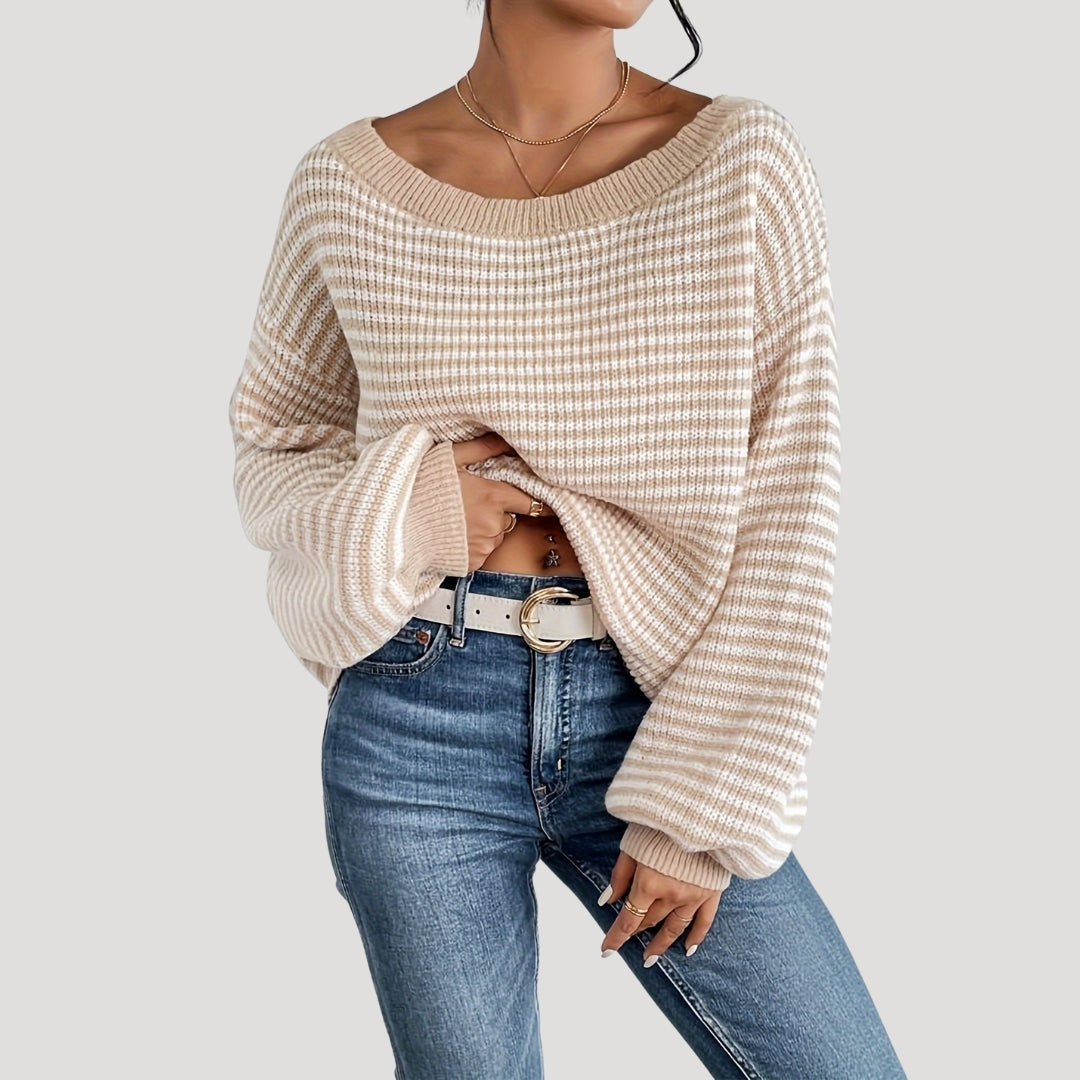 Elegante dames pullover in strepen met U-boot uitsnijding, gemaakt van zacht breiwerk. 2