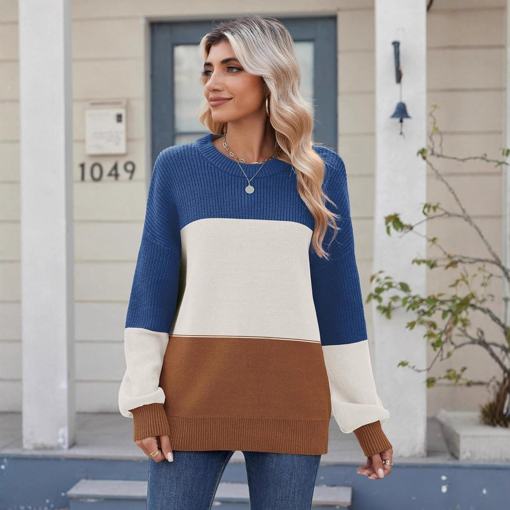 Dames pullover langarm met colorblock-design in marineblauw, bruin en bordeaux. 3