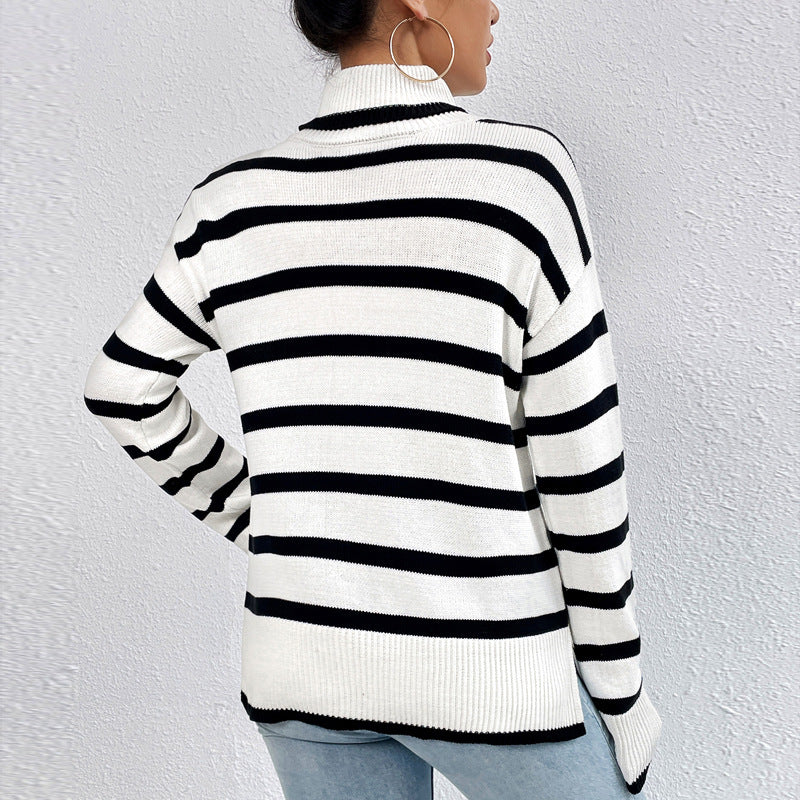 Stijlvolle dames pullover met hoog gesloten kraag en gestreept patroon. 4