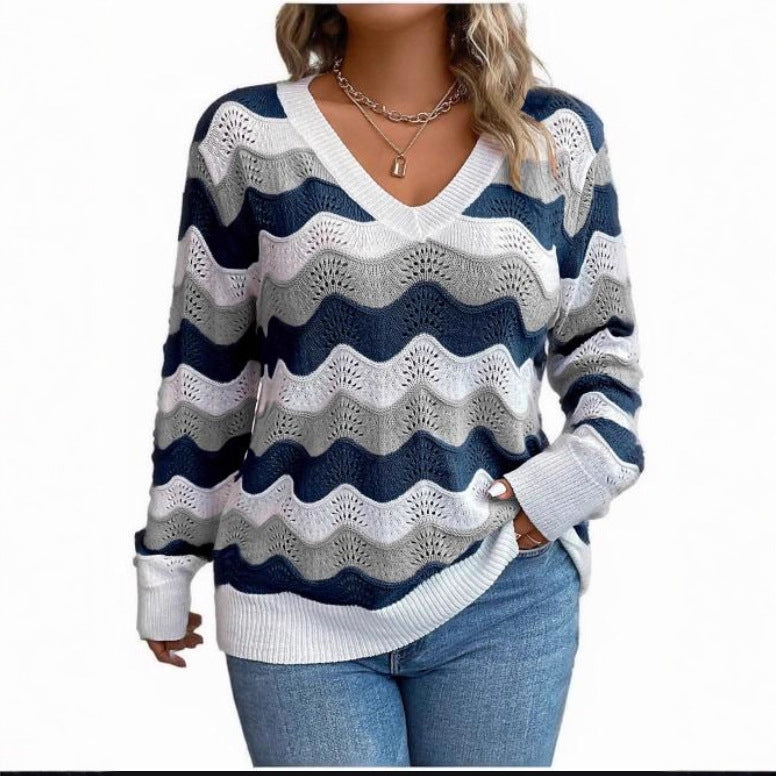 Elegante damespullover met golvenpatroon in blauw. 6