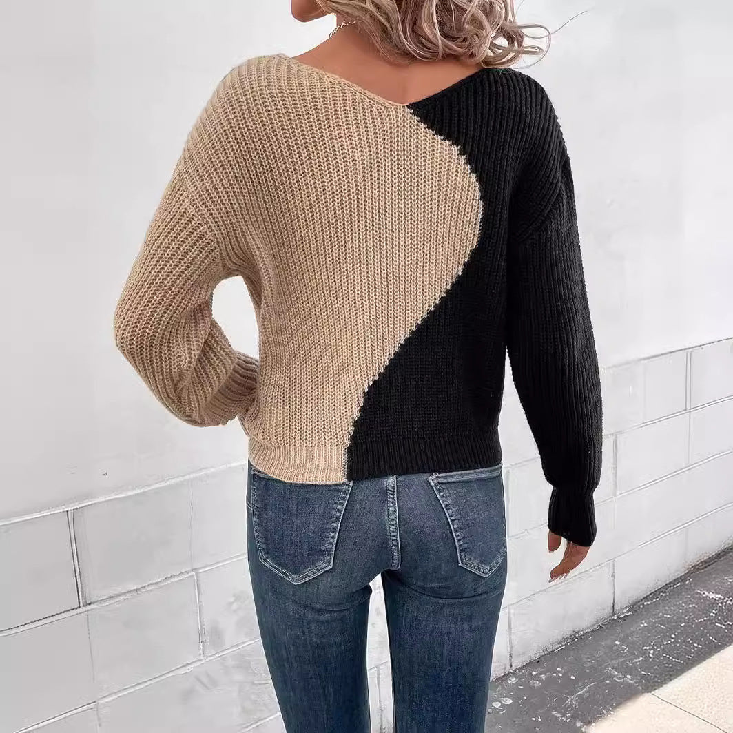Dames pullover met V-ausschnitt in colorblock-stijl, elegant en comfortabel. 3