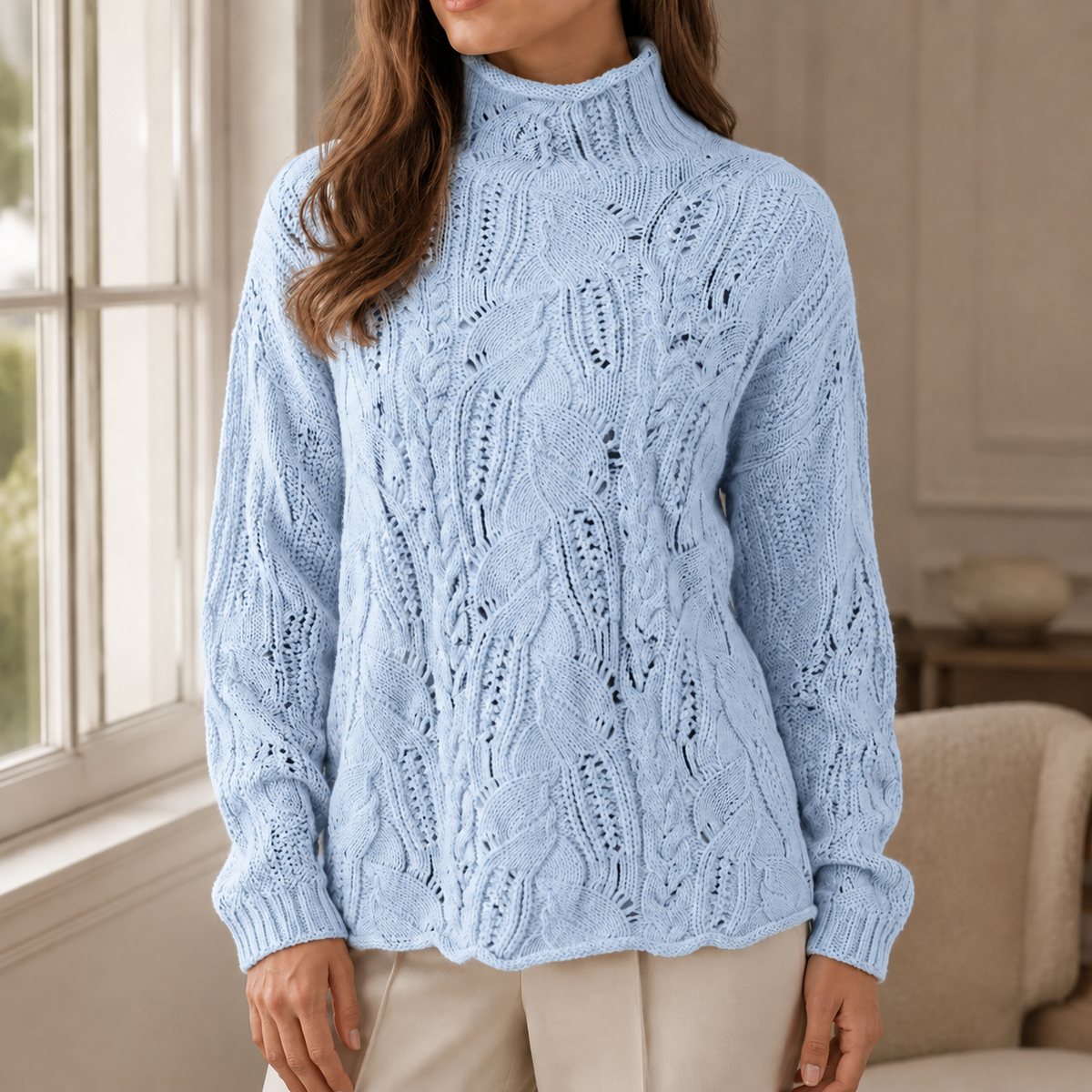 Elegante dames rollkragenpullover met zopfdesign in blauw. 3