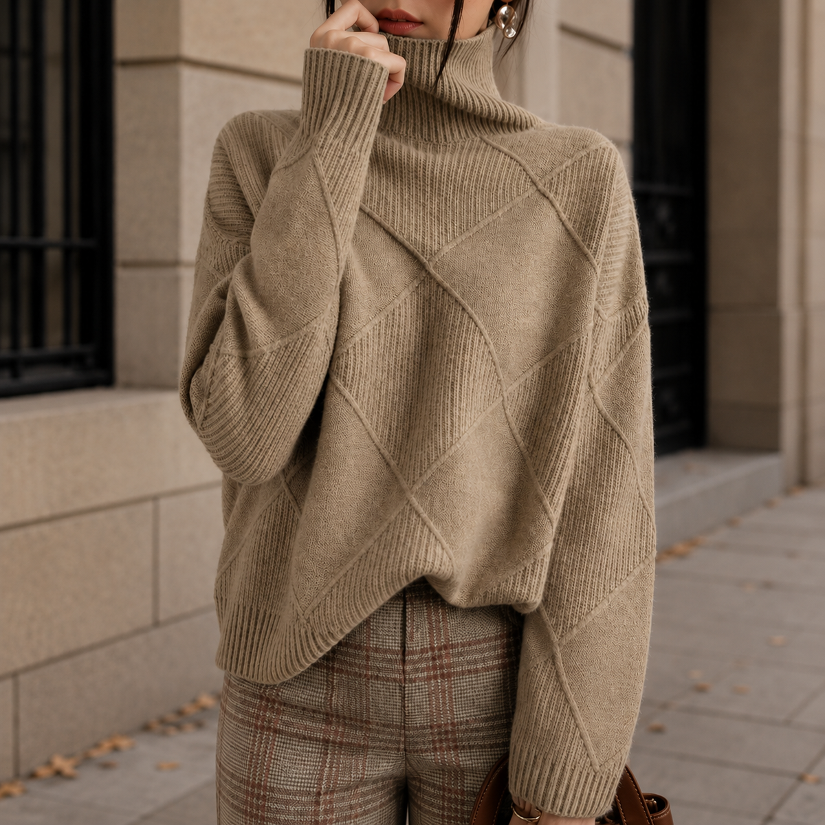 Dames rollkragenpullover uit zachte Siracusa-Diamantstrik, comfortabel en stijlvol. 3