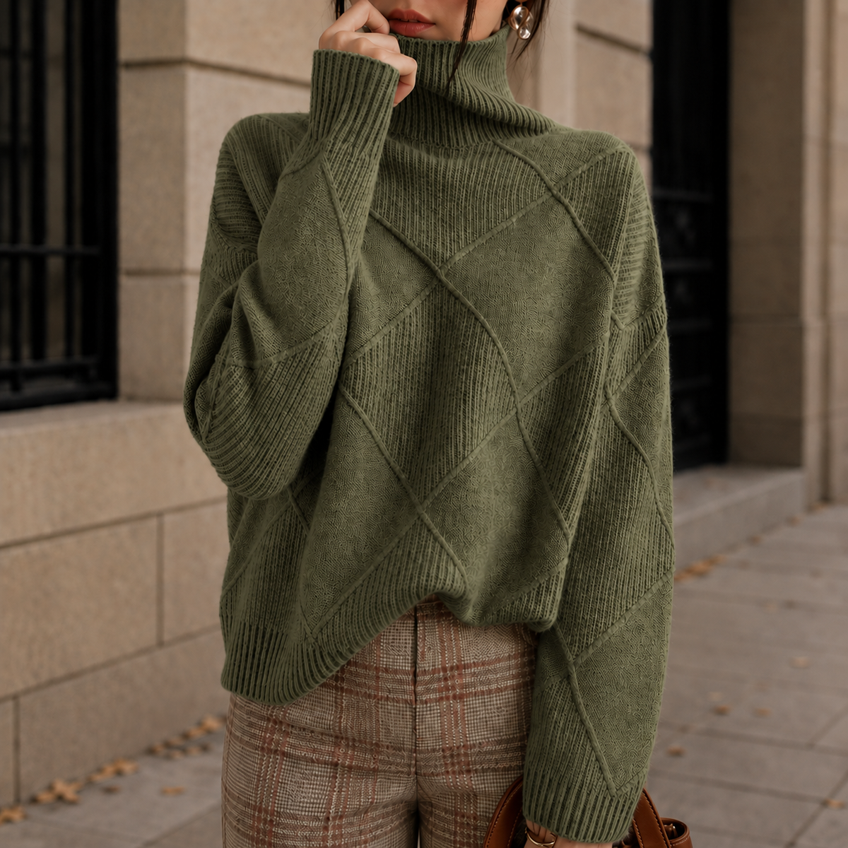Dames rollkragenpullover uit zachte Siracusa-Diamantstrik, comfortabel en stijlvol. 5