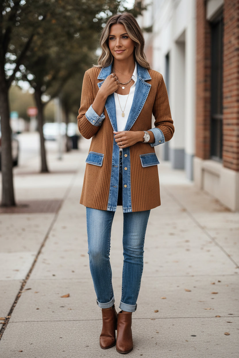 Comfortabele dames strickjacke met jeanskragen en losse pasvorm. 5