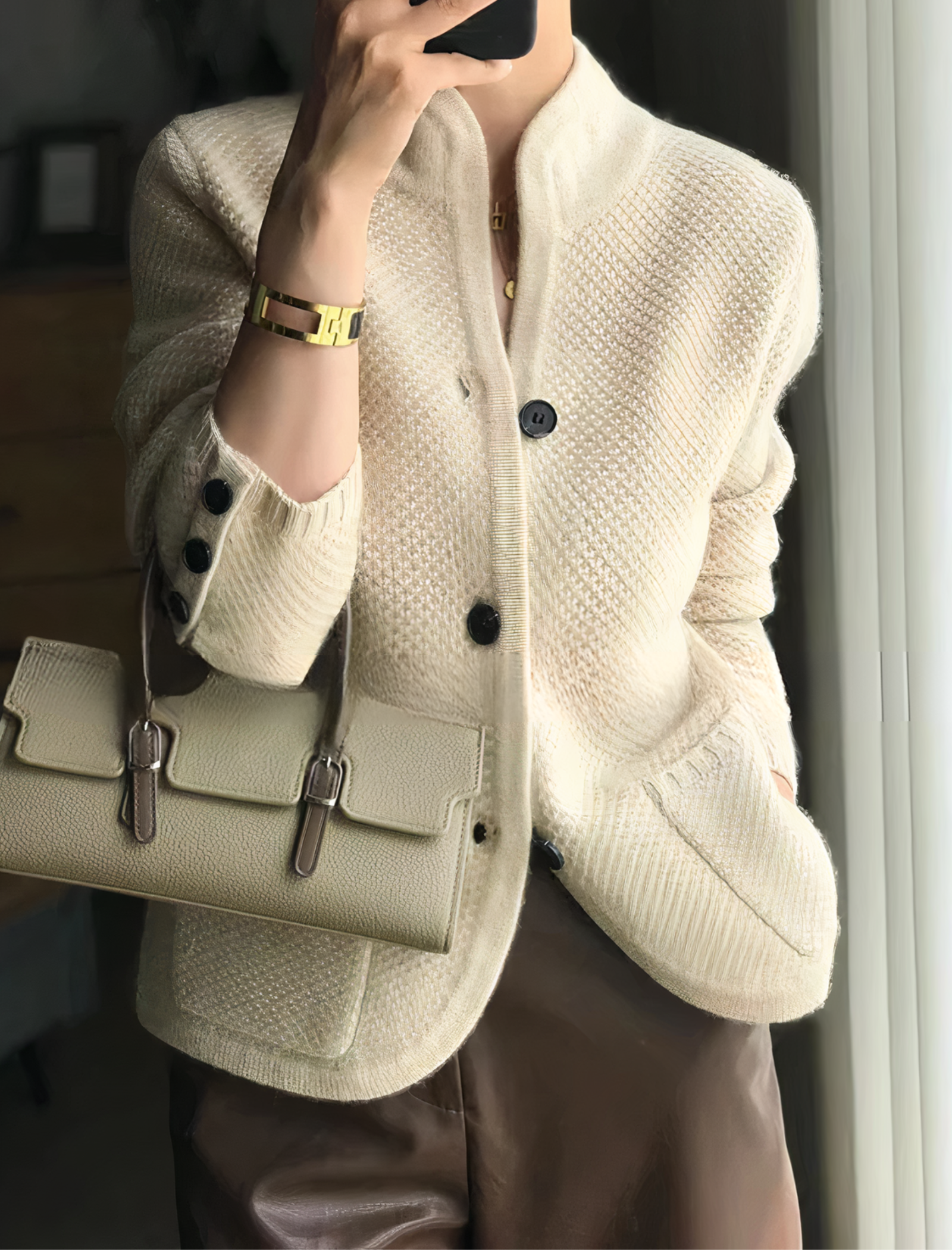 Dames strickjacke met staande kraag en voorzakken in verschillende kleuren. 2