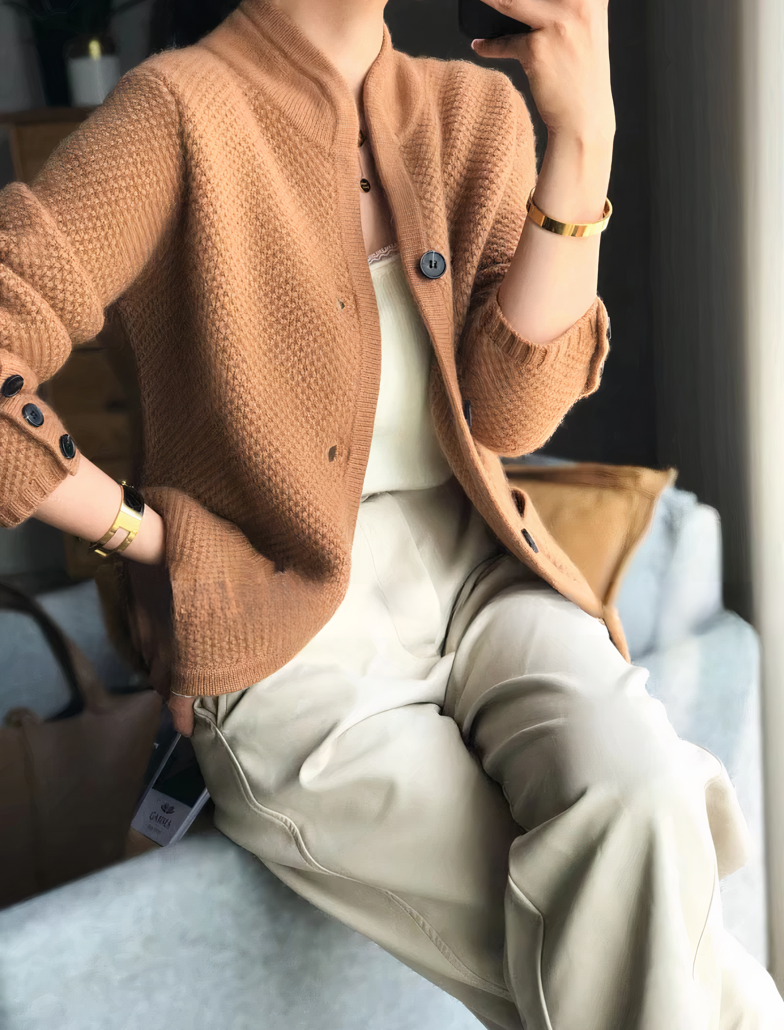 Dames strickjacke met staande kraag en voorzakken in verschillende kleuren. 3