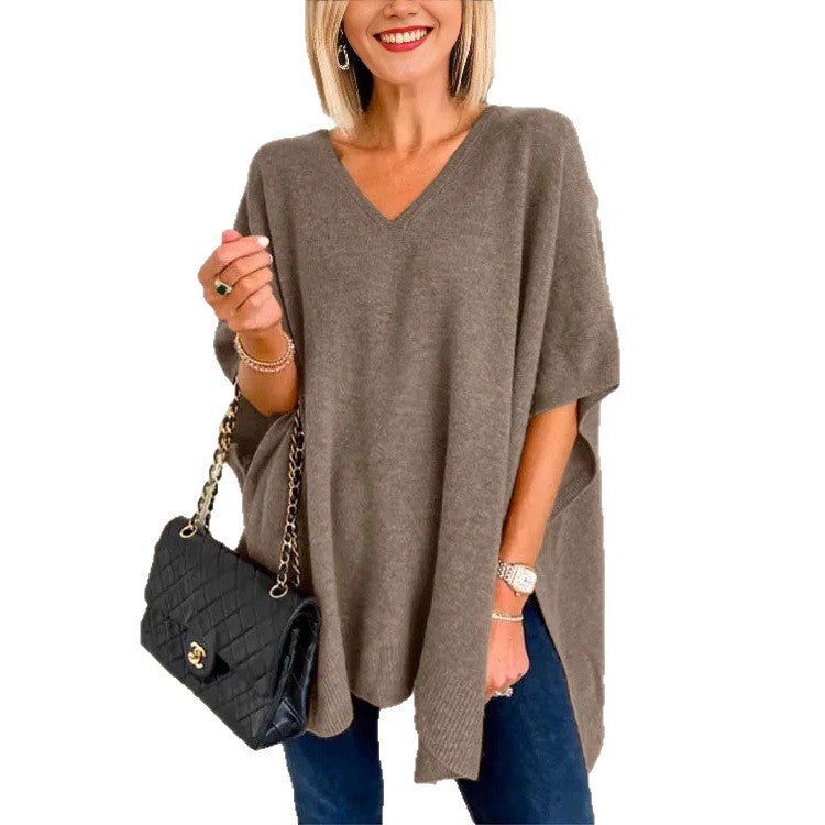 Dames strickponcho met V-hals in verschillende kleuren. 9