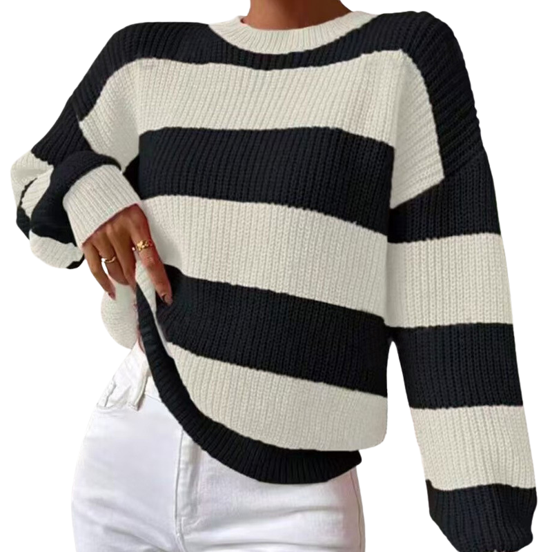 Dames gestreepte strickpullover met rondhals en comfortabele pasvorm. 2