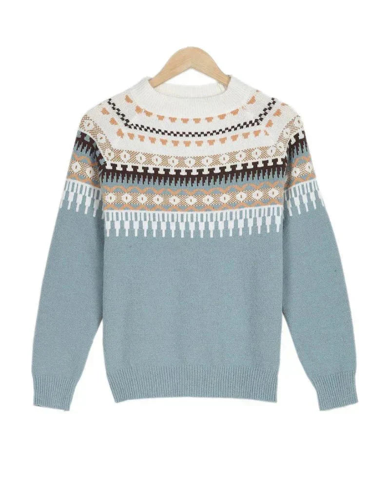 Dames strickpullover met noordisch patroon in blauw 4