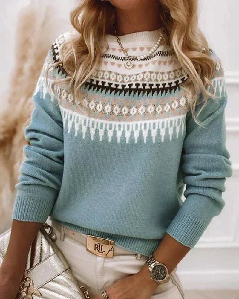 Dames strickpullover met noordisch patroon in blauw 8