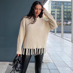 Trendy dames strickpullover met franjes in bruin, aprikose en zwart. 2