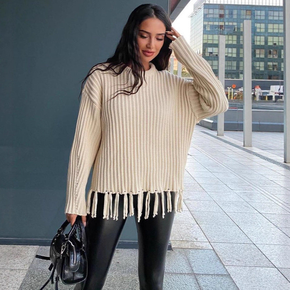 Trendy dames strickpullover met franjes in bruin, aprikose en zwart. 2