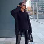 Trendy dames strickpullover met franjes in bruin, aprikose en zwart. 3