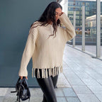 Trendy dames strickpullover met franjes in bruin, aprikose en zwart. 4