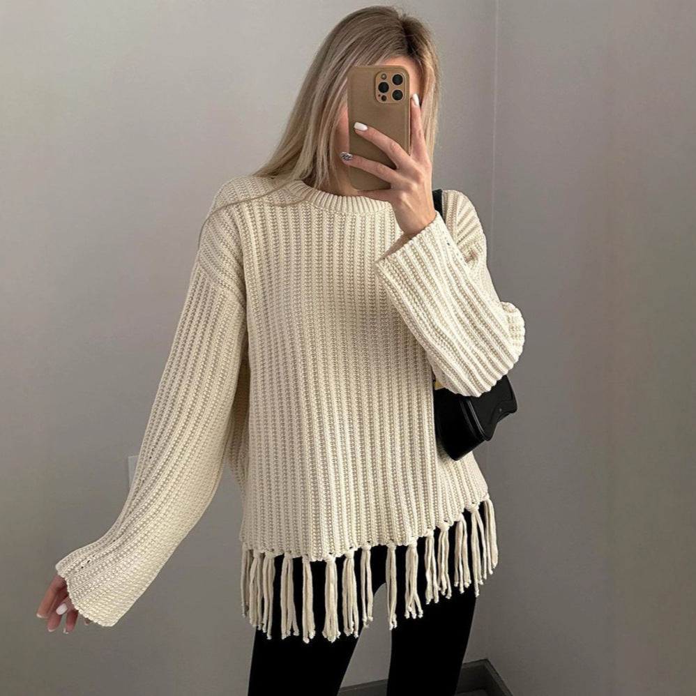 Trendy dames strickpullover met franjes in bruin, aprikose en zwart. 5