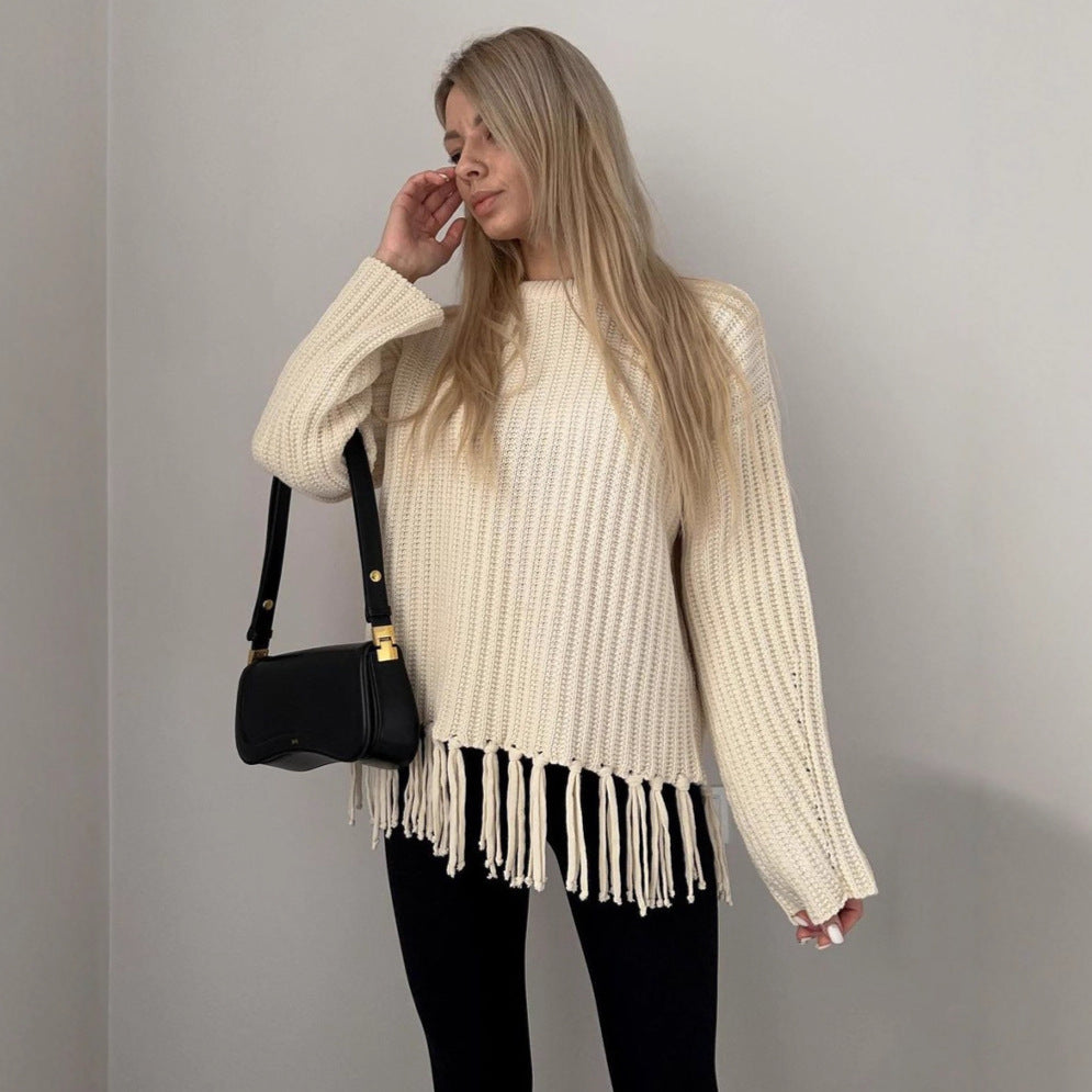 Trendy dames strickpullover met franjes in bruin, aprikose en zwart. 6