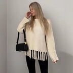 Trendy dames strickpullover met franjes in bruin, aprikose en zwart. 6