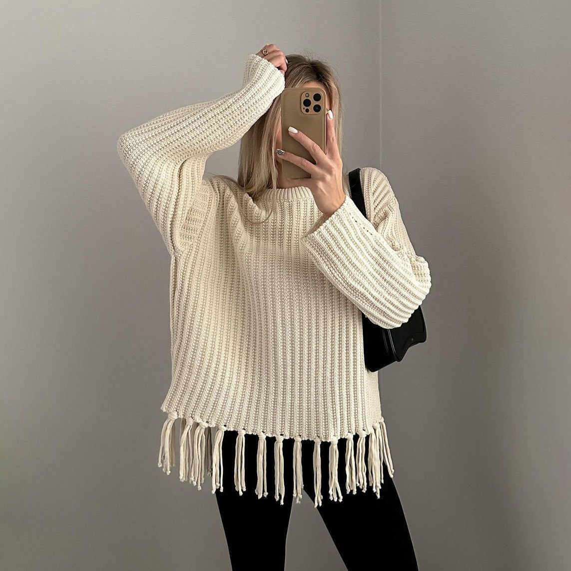 Trendy dames strickpullover met franjes in bruin, aprikose en zwart. 8