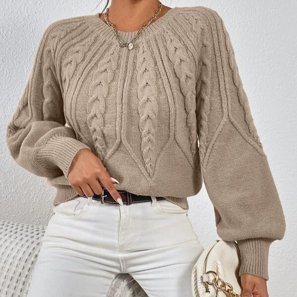 Dames strickpullover met zopfpatroon in beige kleur. 4