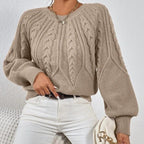 Dames strickpullover met zopfpatroon in beige kleur. 4